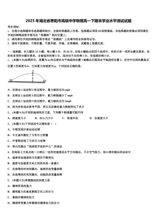 2025年湖北省枣阳市高级中学物理高一下期末学业水平测试试题含解析