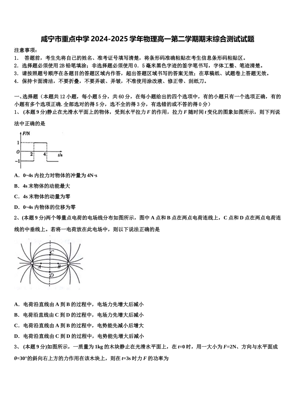 咸宁市重点中学2024-2025学年物理高一第二学期期末综合测试试题含解析_第1页