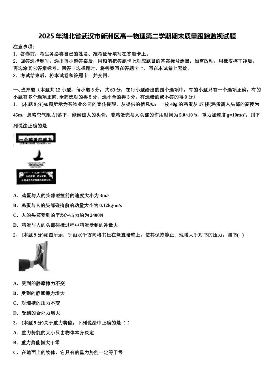 2025年湖北省武汉市新洲区高一物理第二学期期末质量跟踪监视试题含解析_第1页