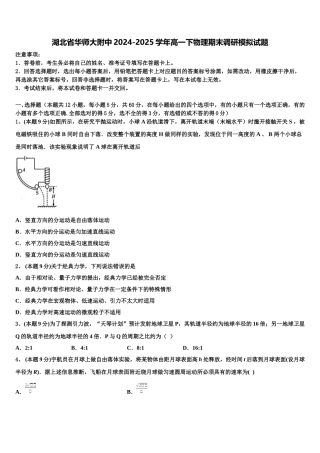 湖北省华师大附中2024-2025学年高一下物理期末调研模拟试题含解析