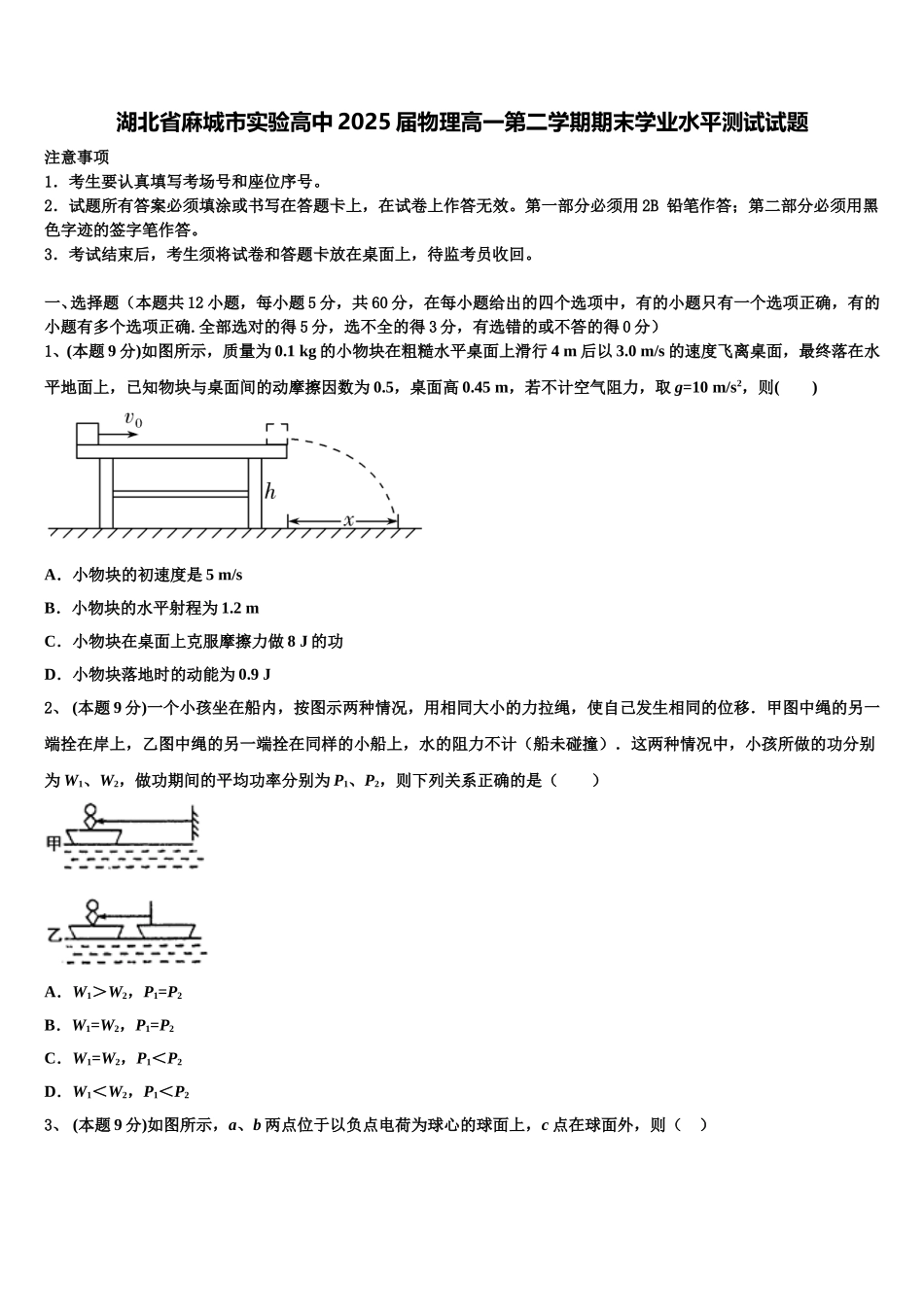 湖北省麻城市实验高中2025届物理高一第二学期期末学业水平测试试题含解析_第1页