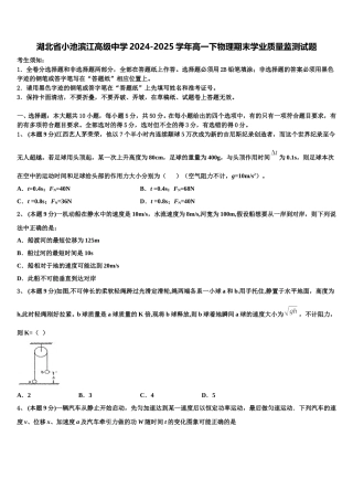 湖北省小池滨江高级中学2024-2025学年高一下物理期末学业质量监测试题含解析