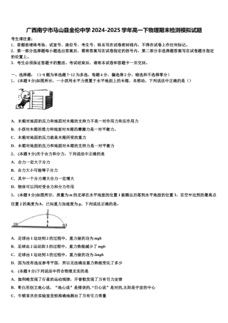 广西南宁市马山县金伦中学2024-2025学年高一下物理期末检测模拟试题含解析