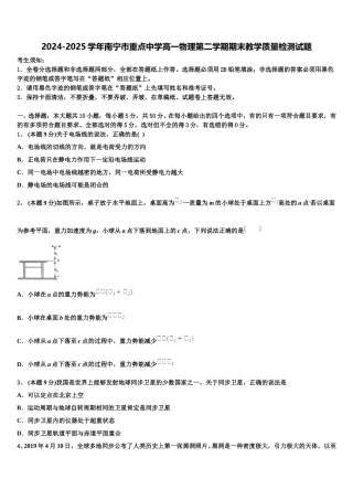 2024-2025学年南宁市重点中学高一物理第二学期期末教学质量检测试题含解析