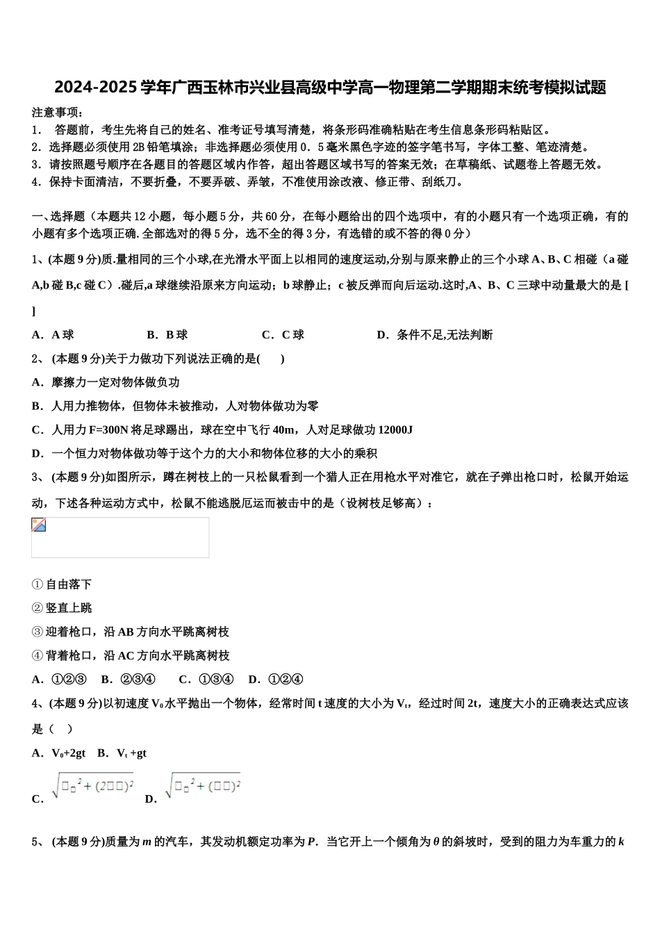 2024-2025学年广西玉林市兴业县高级中学高一物理第二学期期末统考模拟试题含解析_第1页
