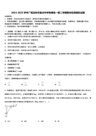 2024-2025学年广西玉林市重点中学物理高一第二学期期末检测模拟试题含解析