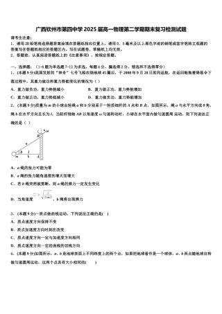 广西钦州市第四中学2025届高一物理第二学期期末复习检测试题含解析