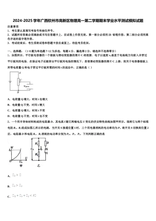 2024-2025学年广西钦州市高新区物理高一第二学期期末学业水平测试模拟试题含解析