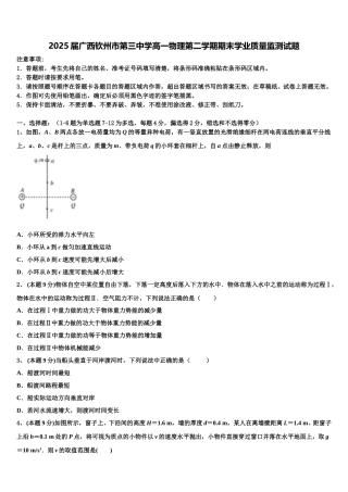 2025届广西钦州市第三中学高一物理第二学期期末学业质量监测试题含解析