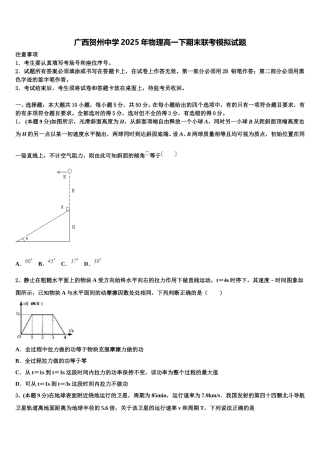 广西贺州中学2025年物理高一下期末联考模拟试题含解析