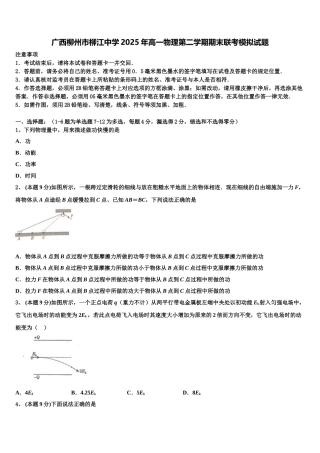 广西柳州市柳江中学2025年高一物理第二学期期末联考模拟试题含解析