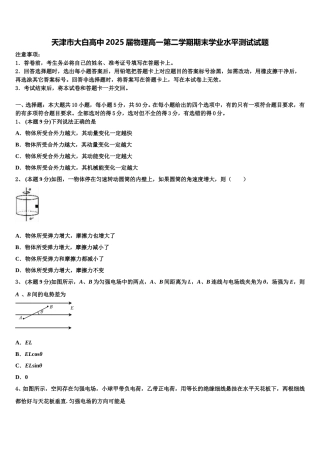 天津市大白高中2025届物理高一第二学期期末学业水平测试试题含解析