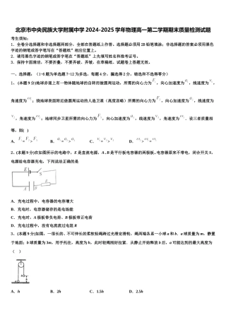 北京市中央民族大学附属中学2024-2025学年物理高一第二学期期末质量检测试题含解析