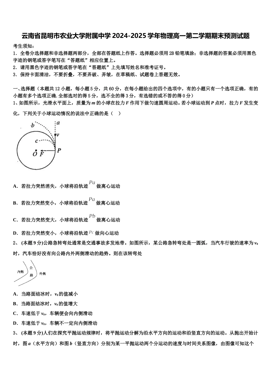 云南省昆明市农业大学附属中学2024-2025学年物理高一第二学期期末预测试题含解析_第1页