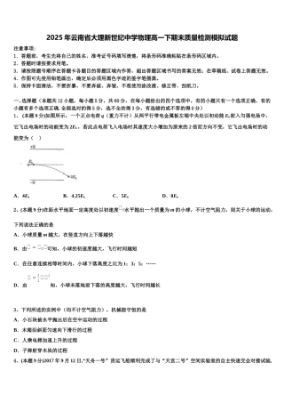 2025年云南省大理新世纪中学物理高一下期末质量检测模拟试题含解析