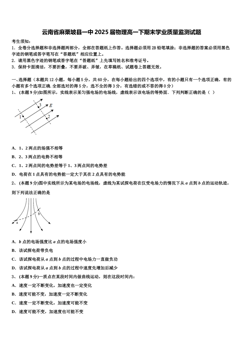 云南省麻栗坡县一中2025届物理高一下期末学业质量监测试题含解析_第1页