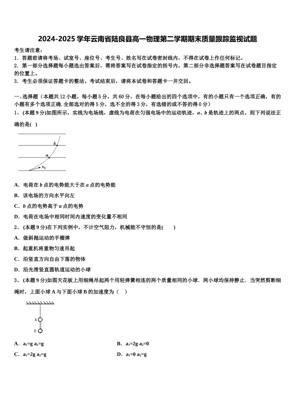 2024-2025学年云南省陆良县高一物理第二学期期末质量跟踪监视试题含解析_第1页