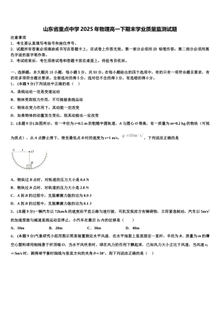 山东省重点中学2025年物理高一下期末学业质量监测试题含解析