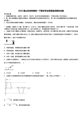 2025届山东省物理高一下期末学业质量监测模拟试题含解析