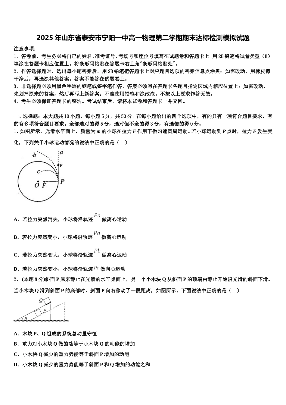 2025年山东省泰安市宁阳一中高一物理第二学期期末达标检测模拟试题含解析_第1页