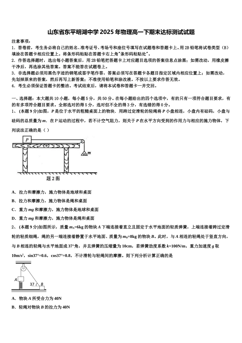 山东省东平明湖中学2025年物理高一下期末达标测试试题含解析_第1页