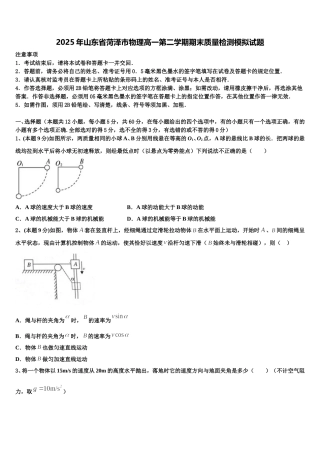 2025年山东省菏泽市物理高一第二学期期末质量检测模拟试题含解析