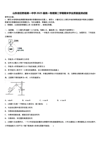 山东省巨野县第一中学2025届高一物理第二学期期末学业质量监测试题含解析