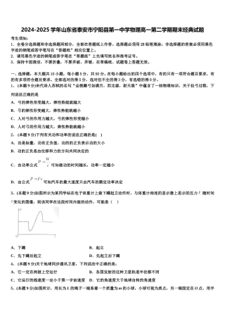 2024-2025学年山东省泰安市宁阳县第一中学物理高一第二学期期末经典试题含解析