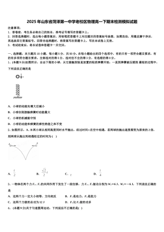 2025年山东省菏泽第一中学老校区物理高一下期末检测模拟试题含解析
