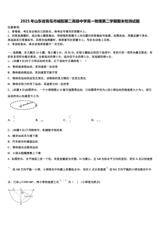2025年山东省青岛市城阳第二高级中学高一物理第二学期期末检测试题含解析
