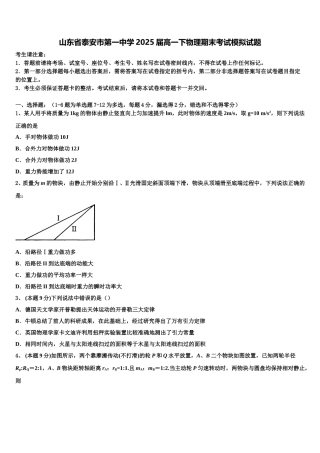 山东省泰安市第一中学2025届高一下物理期末考试模拟试题含解析