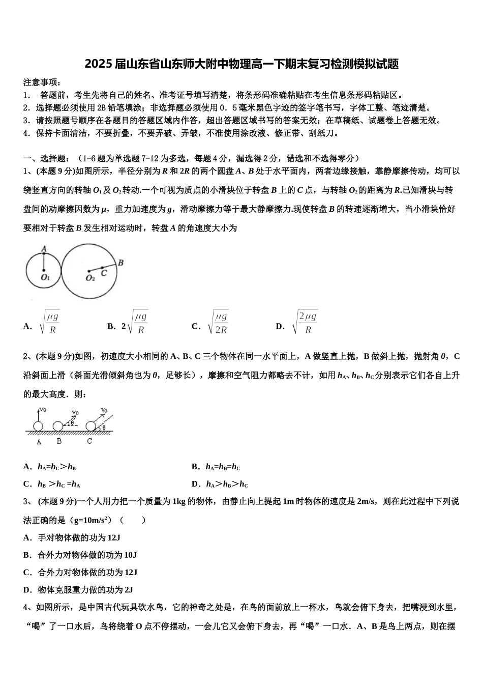 2025届山东省山东师大附中物理高一下期末复习检测模拟试题含解析_第1页