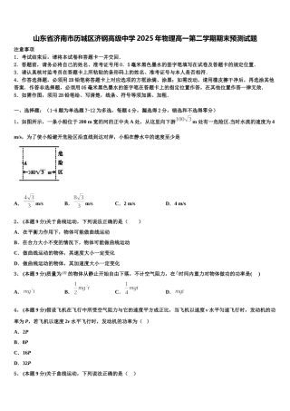 山东省济南市历城区济钢高级中学2025年物理高一第二学期期末预测试题含解析