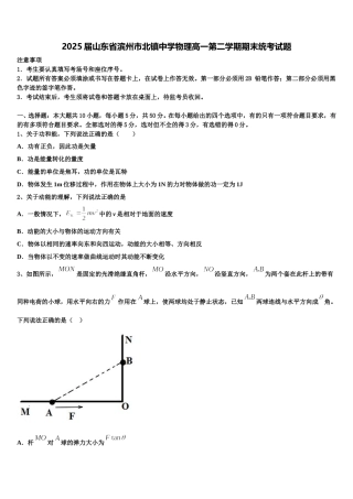 2025届山东省滨州市北镇中学物理高一第二学期期末统考试题含解析