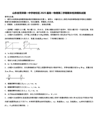 山东省菏泽第一中学老校区2025届高一物理第二学期期末检测模拟试题含解析