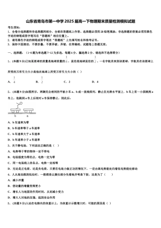 山东省青岛市第一中学2025届高一下物理期末质量检测模拟试题含解析