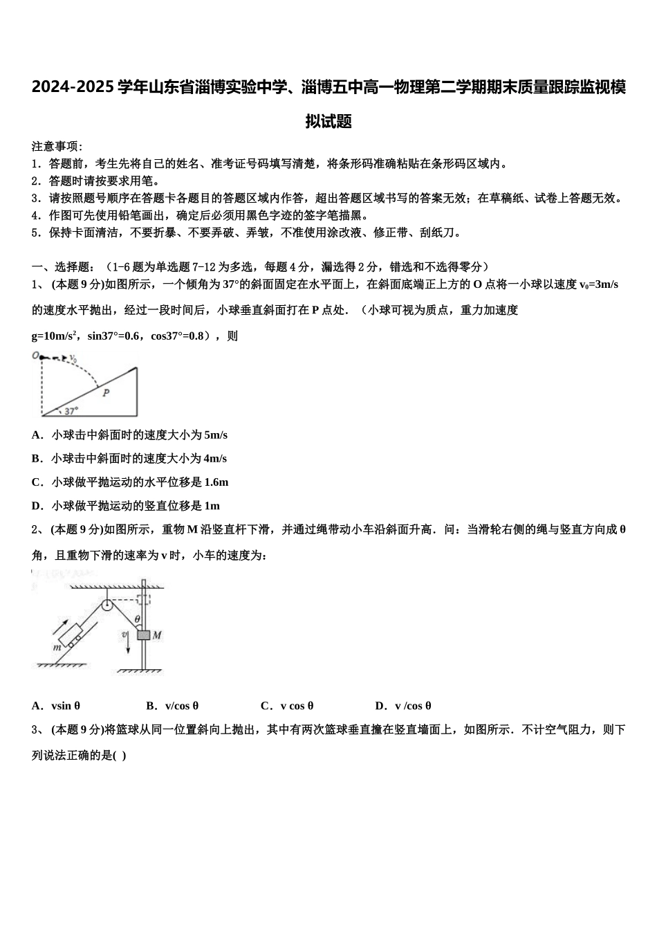 2024-2025学年山东省淄博实验中学、淄博五中高一物理第二学期期末质量跟踪监视模拟试题含解析_第1页