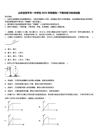 山东省邹平市一中学校2025年物理高一下期末复习检测试题含解析