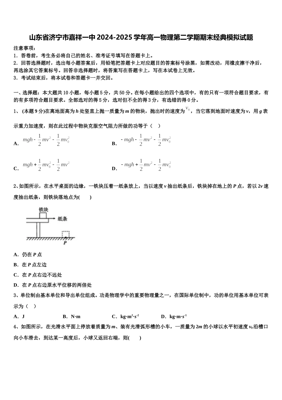 山东省济宁市嘉祥一中2024-2025学年高一物理第二学期期末经典模拟试题含解析_第1页