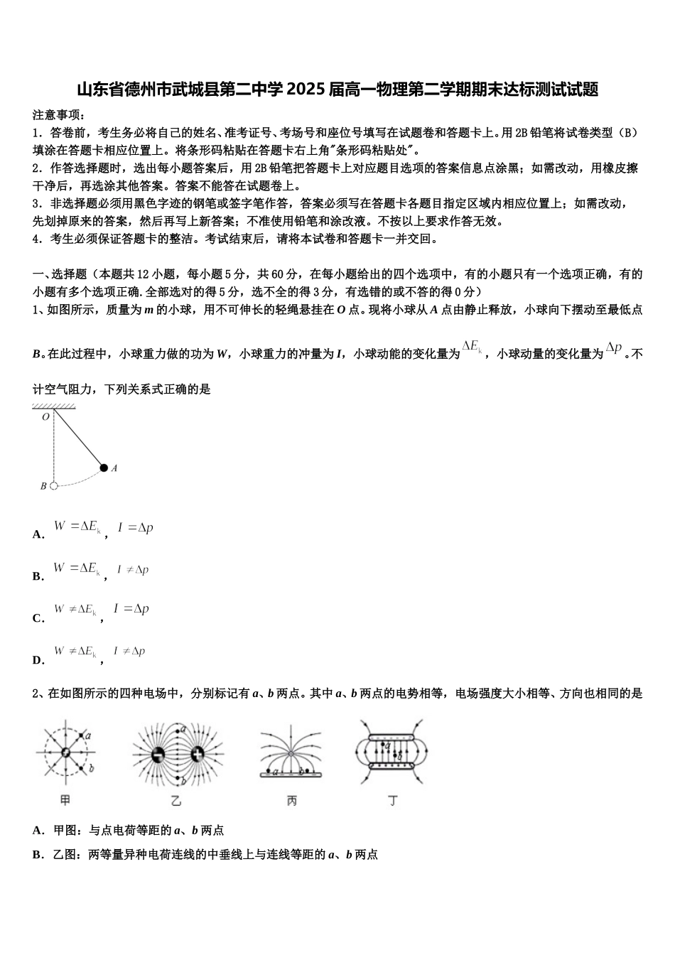 山东省德州市武城县第二中学2025届高一物理第二学期期末达标测试试题含解析_第1页
