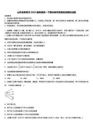 山东省莱芜市2025届物理高一下期末教学质量检测模拟试题含解析
