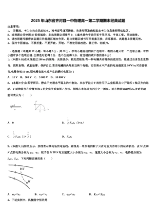 2025年山东省齐河县一中物理高一第二学期期末经典试题含解析