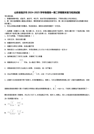 山东省临沂市2024-2025学年物理高一第二学期期末复习检测试题含解析