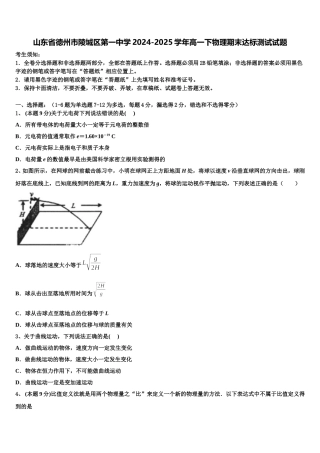 山东省德州市陵城区第一中学2024-2025学年高一下物理期末达标测试试题含解析