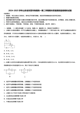 2024-2025学年山东省东营市物理高一第二学期期末质量跟踪监视模拟试题含解析