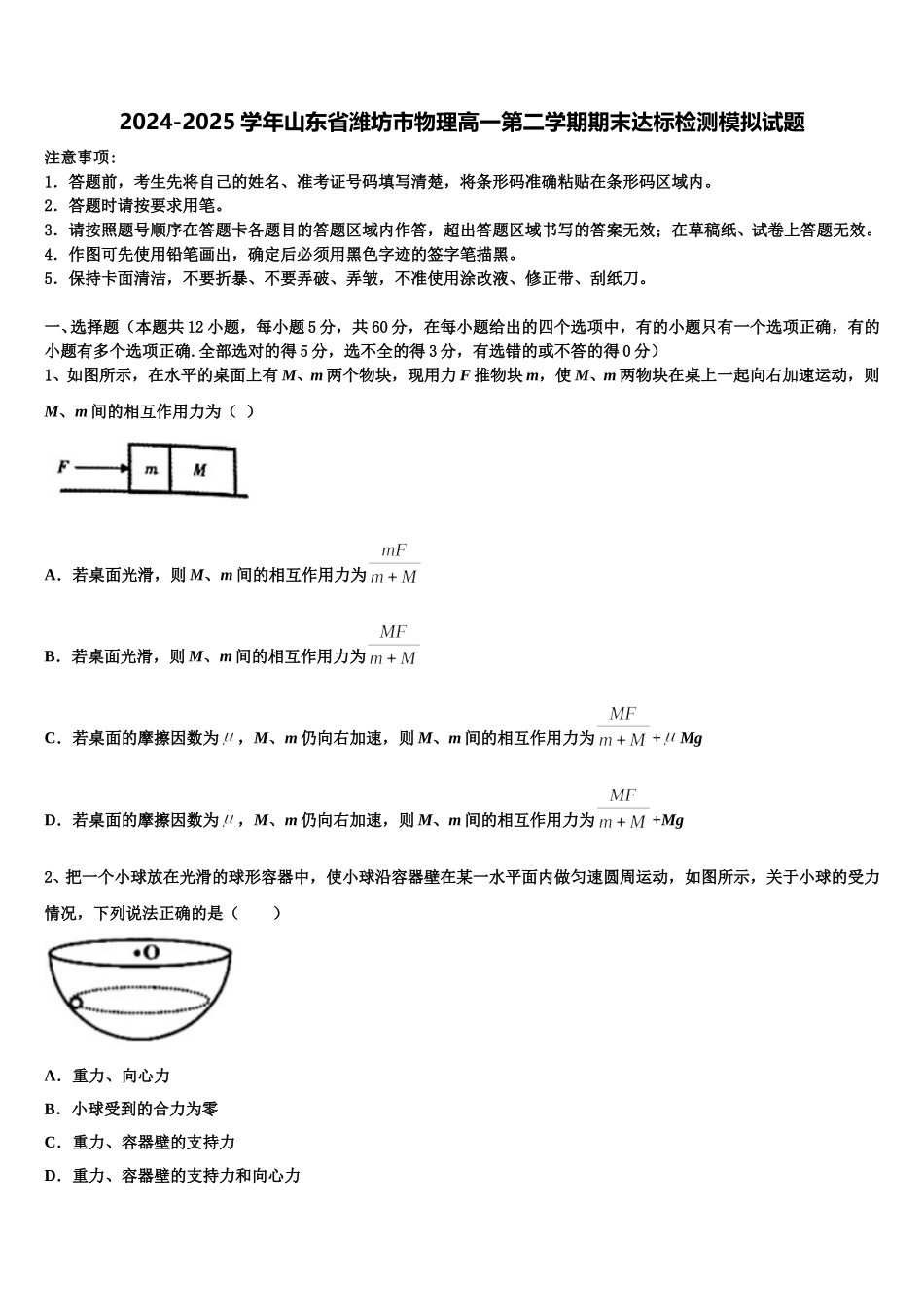 2024-2025学年山东省潍坊市物理高一第二学期期末达标检测模拟试题含解析_第1页