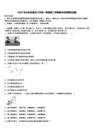 2025年山东省青州二中高一物理第二学期期末检测模拟试题含解析