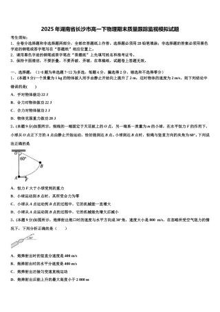 2025年湖南省长沙市高一下物理期末质量跟踪监视模拟试题含解析