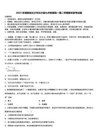 2025年湖南省长沙市长沙县九中物理高一第二学期期末联考试题含解析