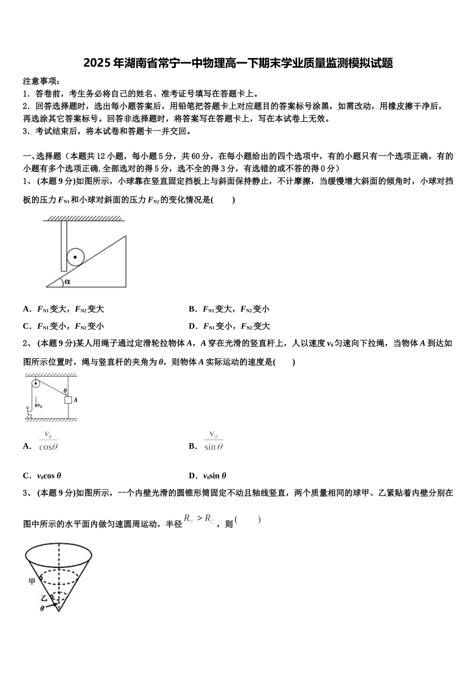 2025年湖南省常宁一中物理高一下期末学业质量监测模拟试题含解析_第1页